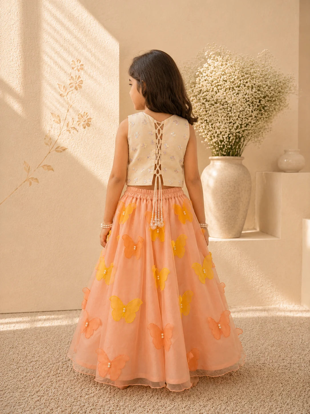 Flutterby — Sequin Crop Top & 3D Butterfly Lehenga in Ivory & Blush
