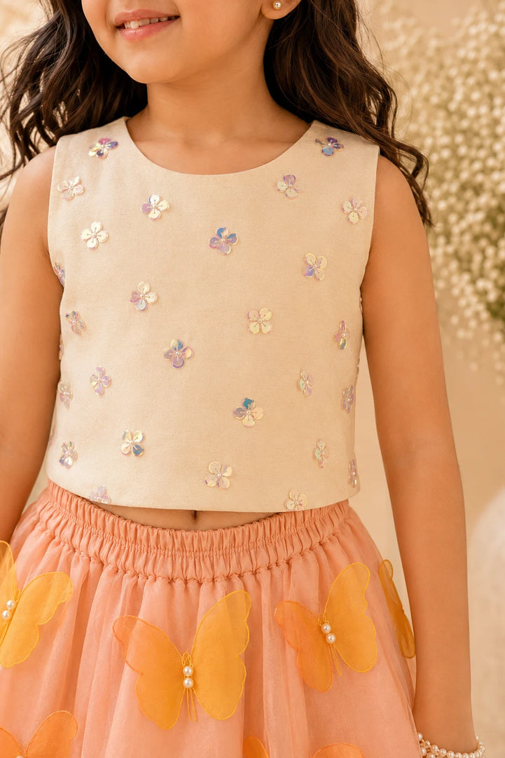 Flutterby — Sequin Crop Top & 3D Butterfly Lehenga in Ivory & Blush
