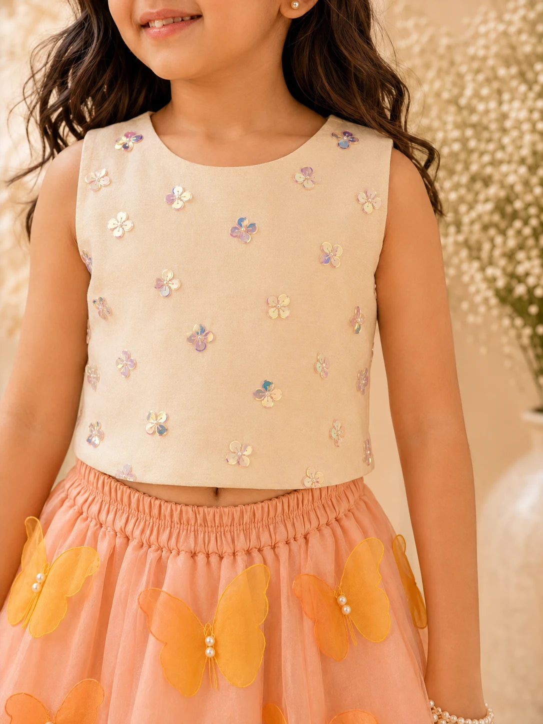Flutterby — Sequin Crop Top & 3D Butterfly Lehenga in Ivory & Blush