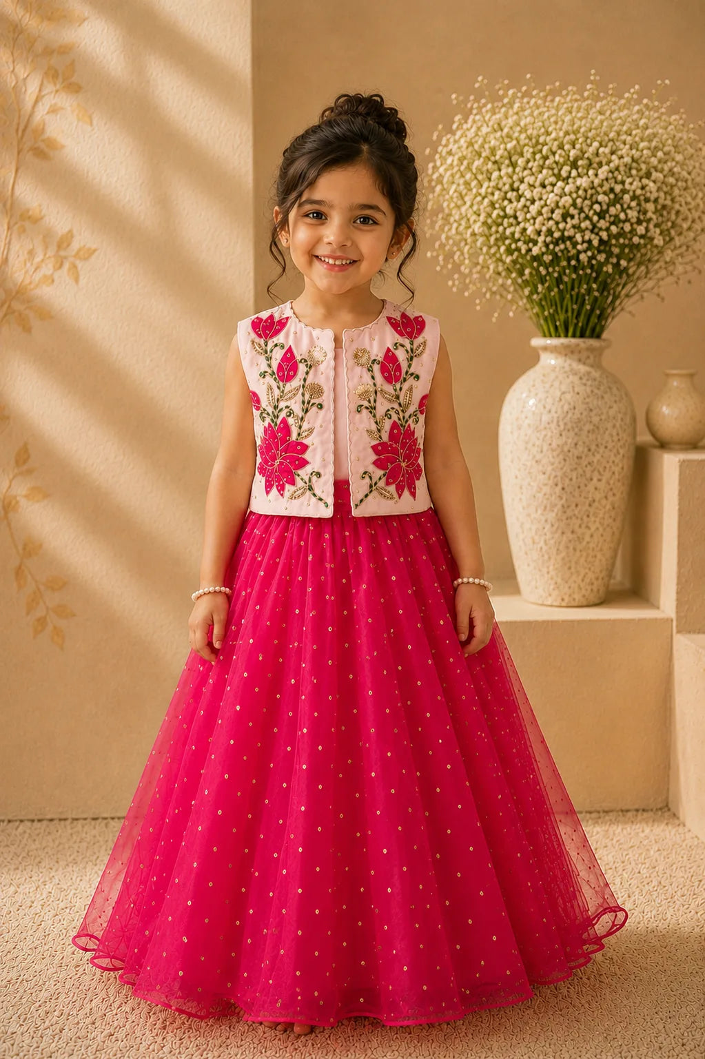 Rani Bloom — Embroidered Jacket & Lehenga Set in Blush & Rani Pink