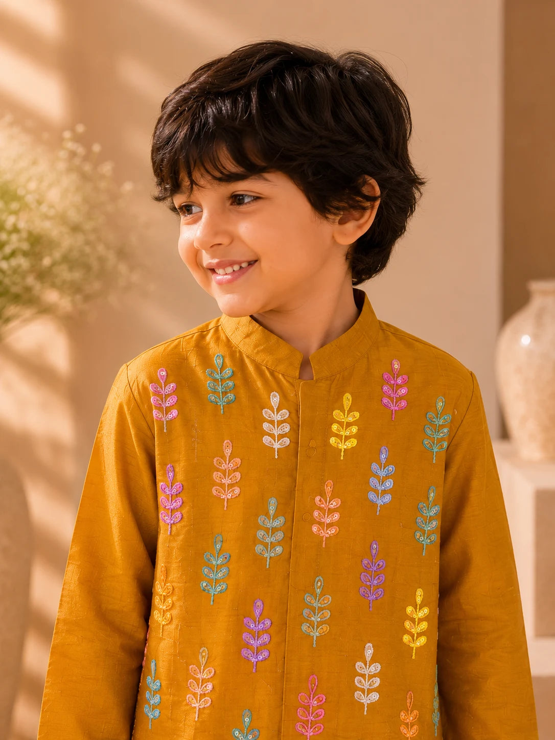 Gulzar — Embroidered Kurta & Pajama Set in Mustard