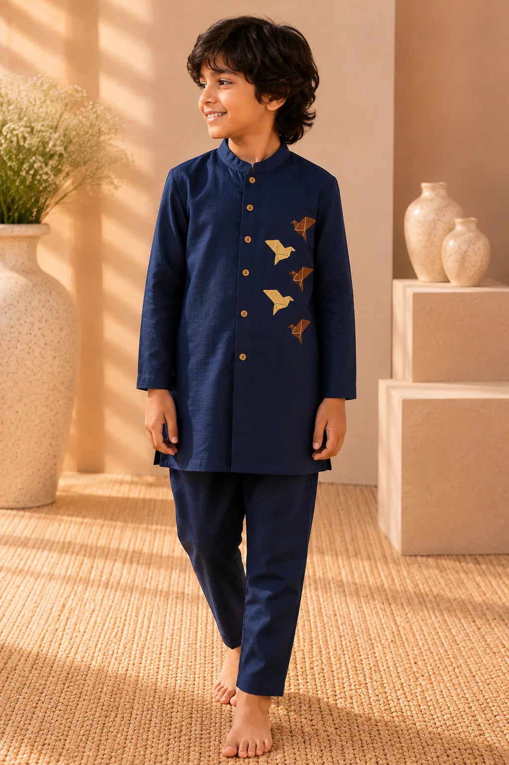 Midnight — Origami Bird Embroidered Kurta & Trouser Set in Dark Blue