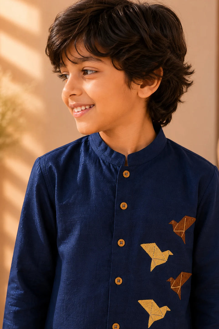 Midnight — Origami Bird Embroidered Kurta & Trouser Set in Dark Blue