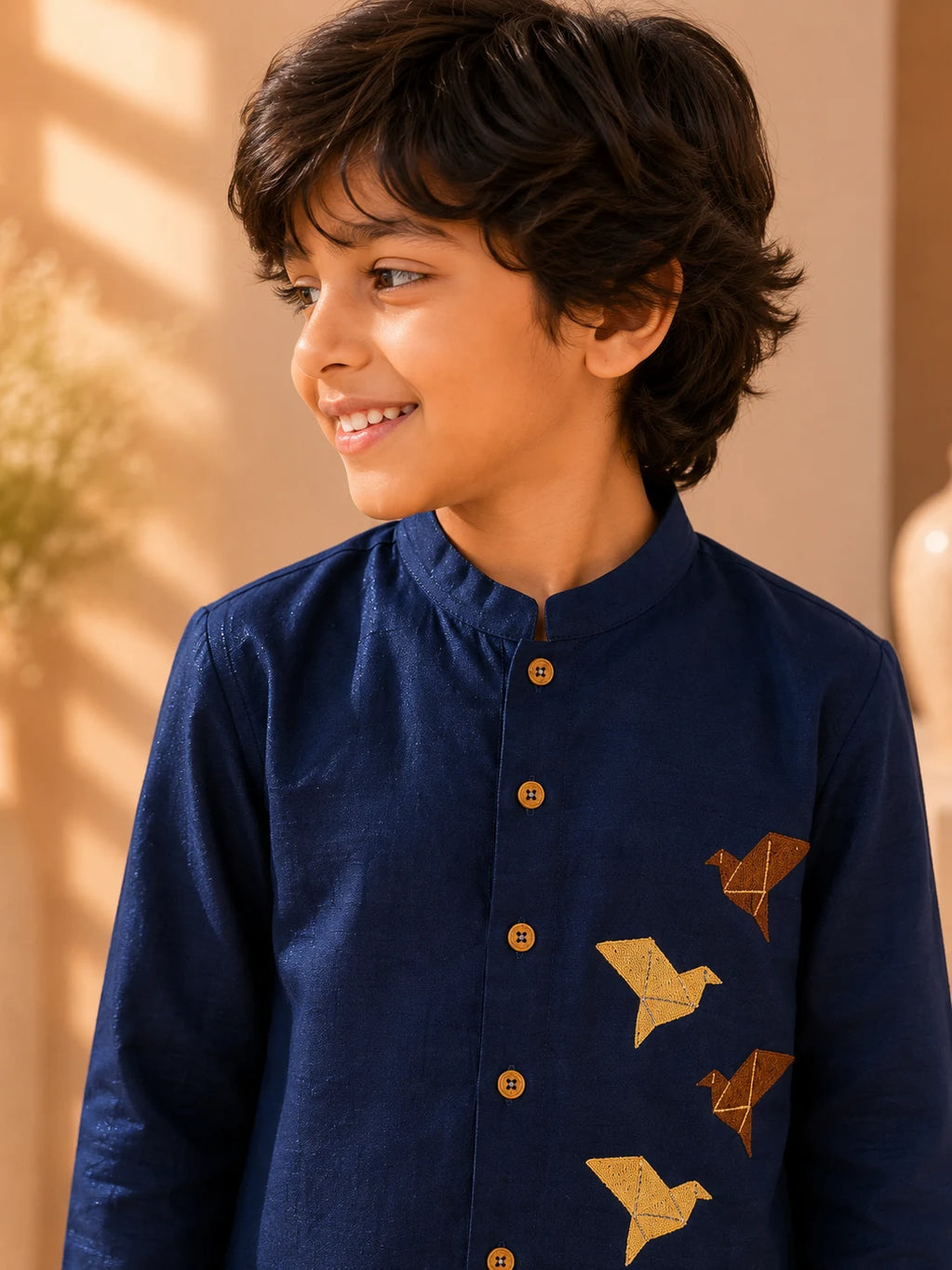 Midnight — Origami Bird Embroidered Kurta & Trouser Set in Dark Blue