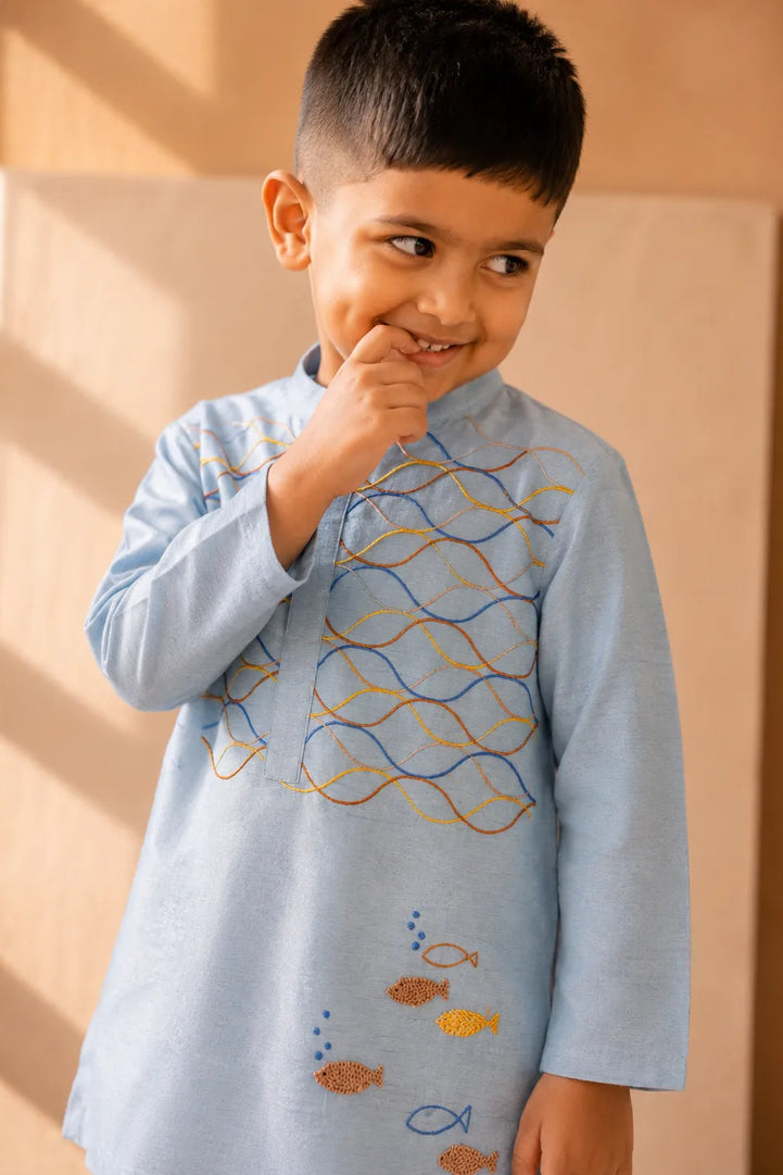 Oceane — Wave & Fish Embroidered Kurta & Pajama Set in Sky Blue