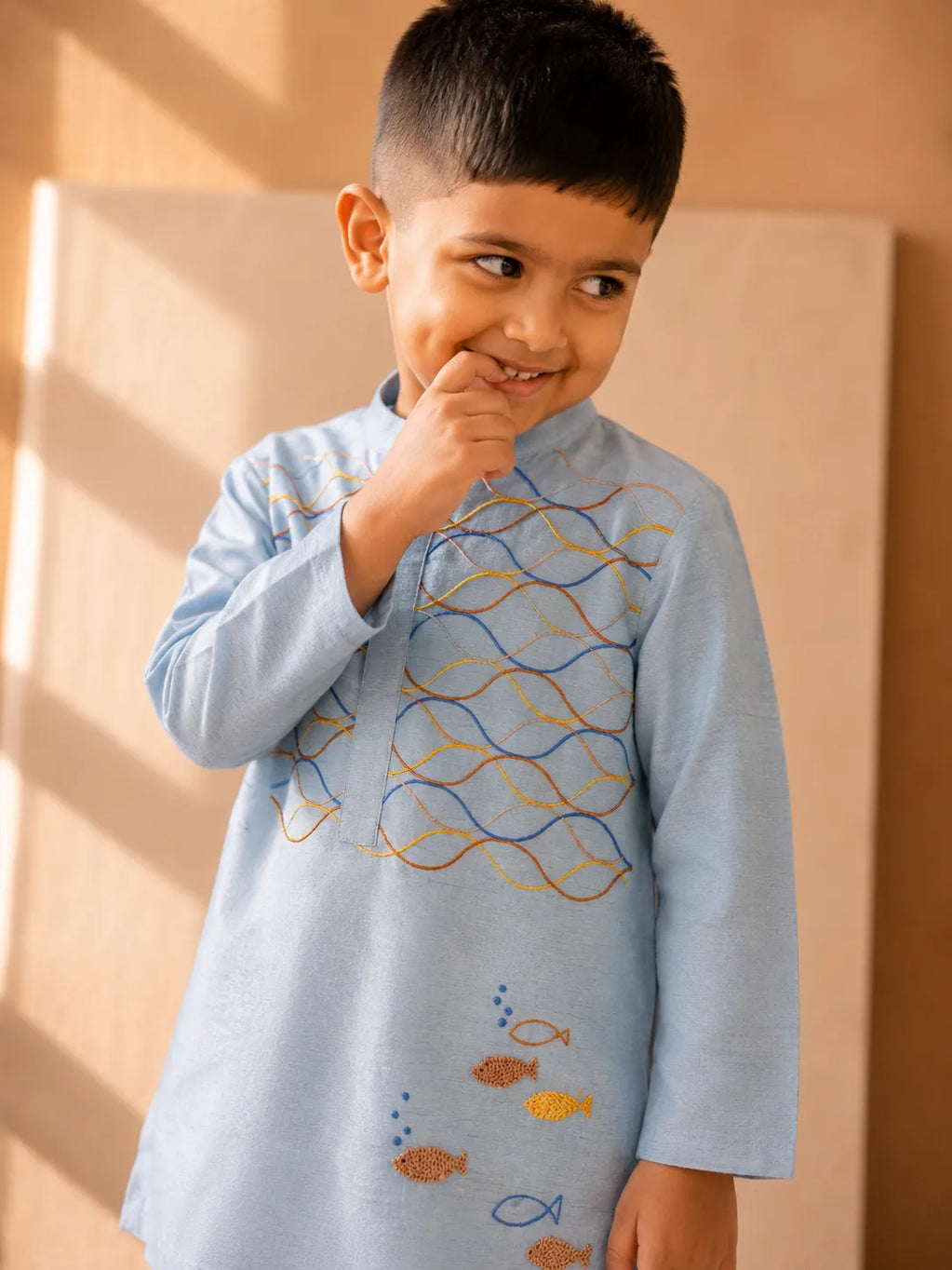 Oceane — Wave & Fish Embroidered Kurta & Pajama Set in Sky Blue