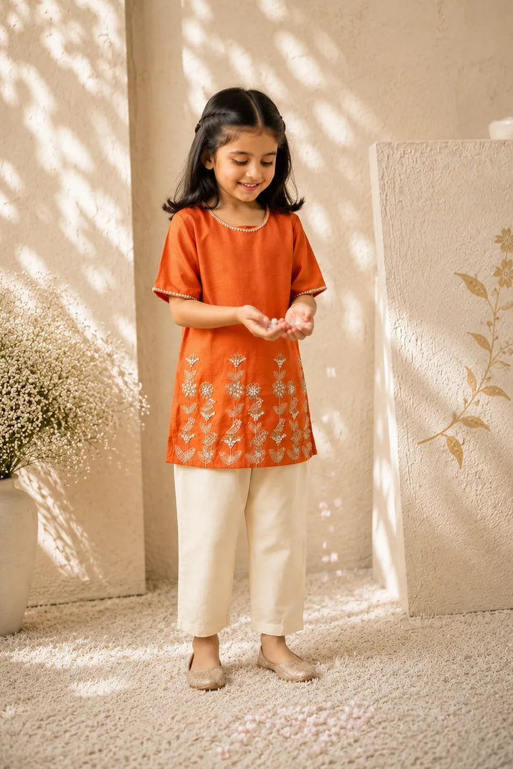 Vasant — Bird & Garden Embroidered Kurta Set in Rust for Girls
