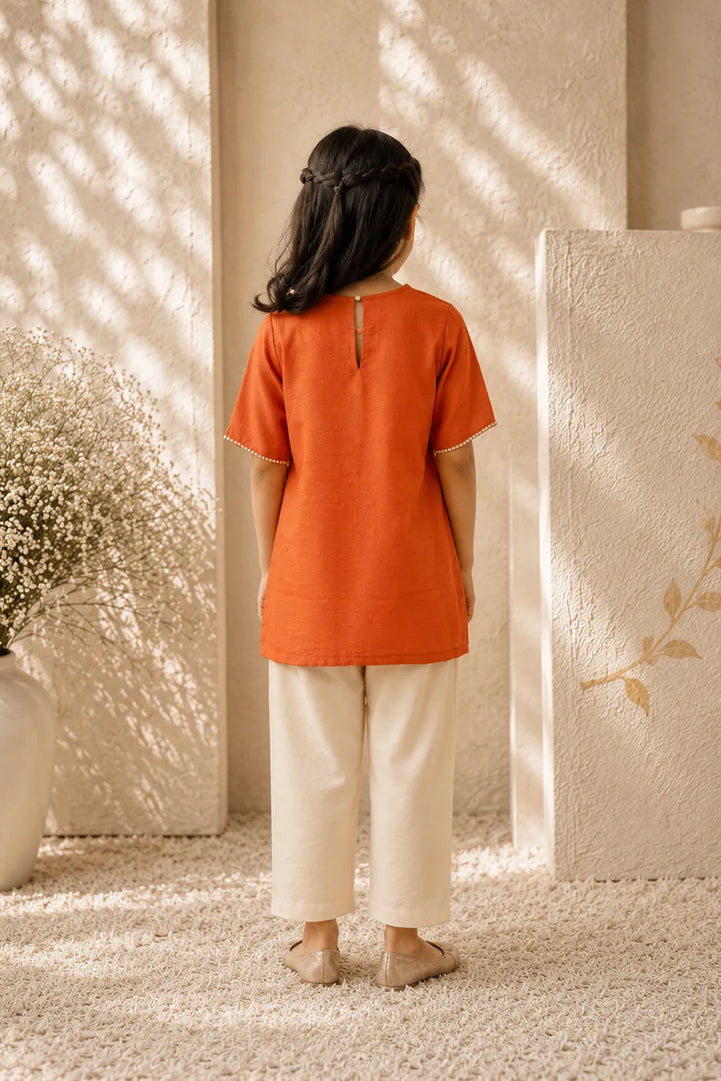 Vasant — Bird & Garden Embroidered Kurta Set in Rust for Girls