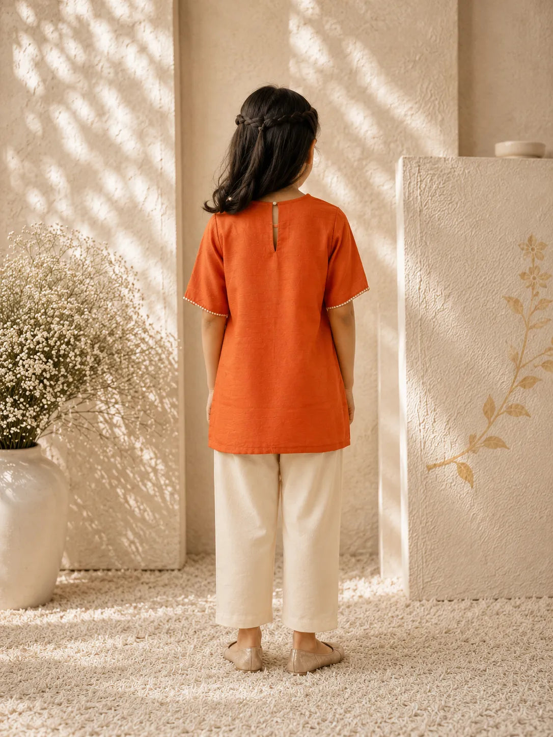 Vasant — Bird & Garden Embroidered Kurta Set in Rust for Girls