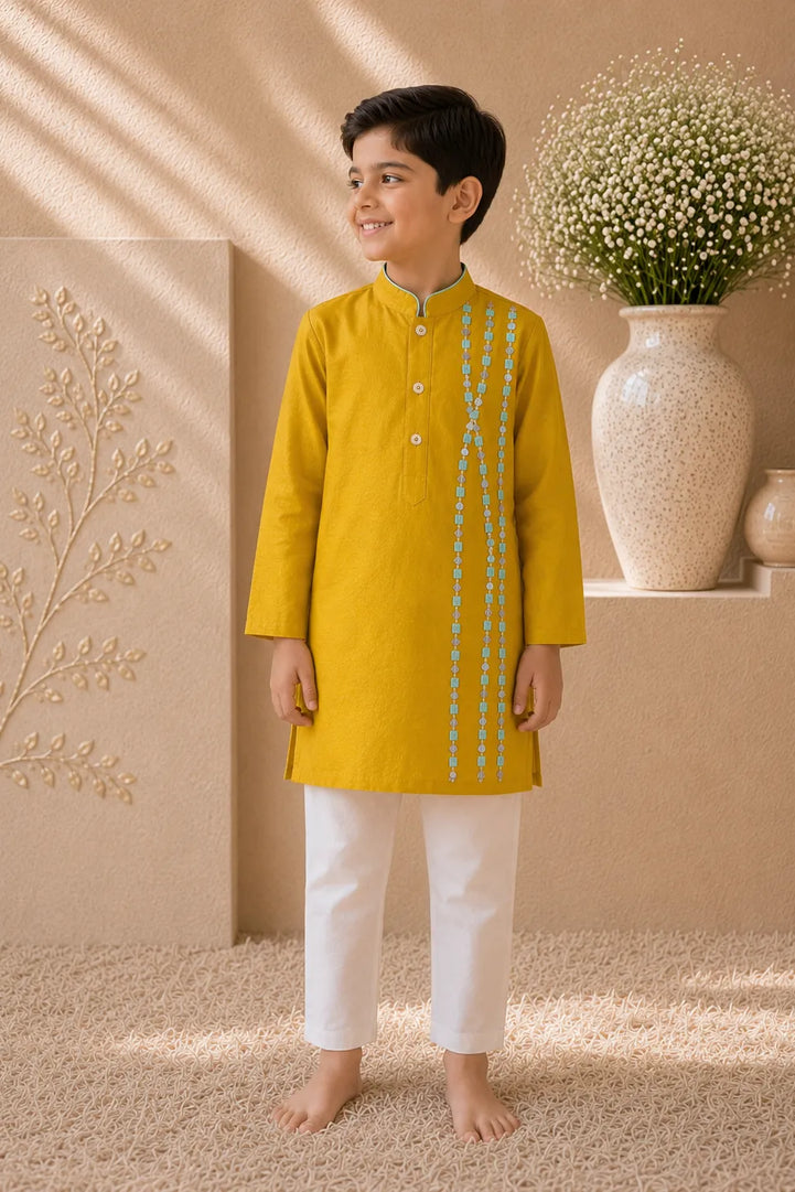 Confetti — Embroidered Kurta & Pajama Set in Mustard