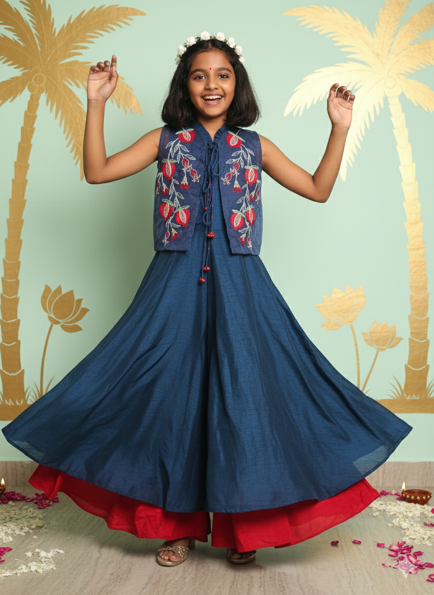 Blue Jumpsuit & Embroidered Anaar Organza Jacket Set