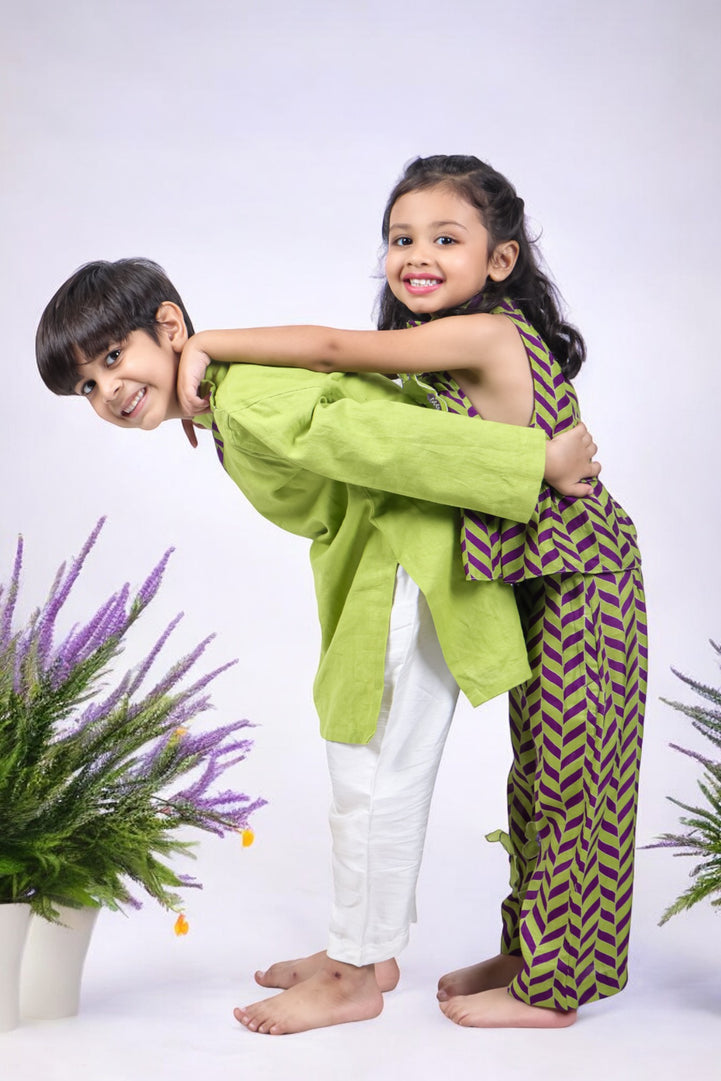 Geometric Print Top and Palazzo with Green Kurta with White Pyjama