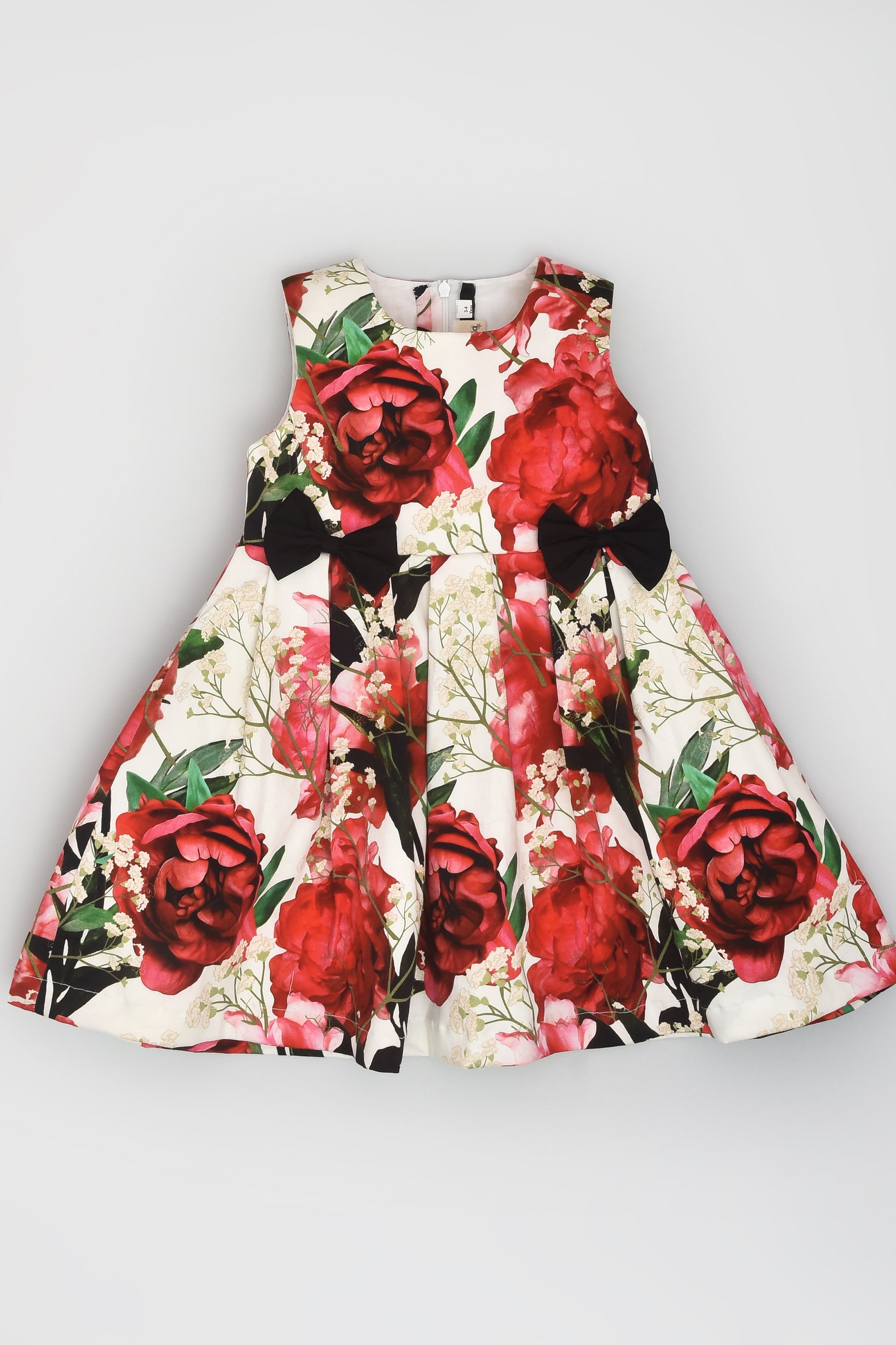 Red Floral Party Dress with Black Bow