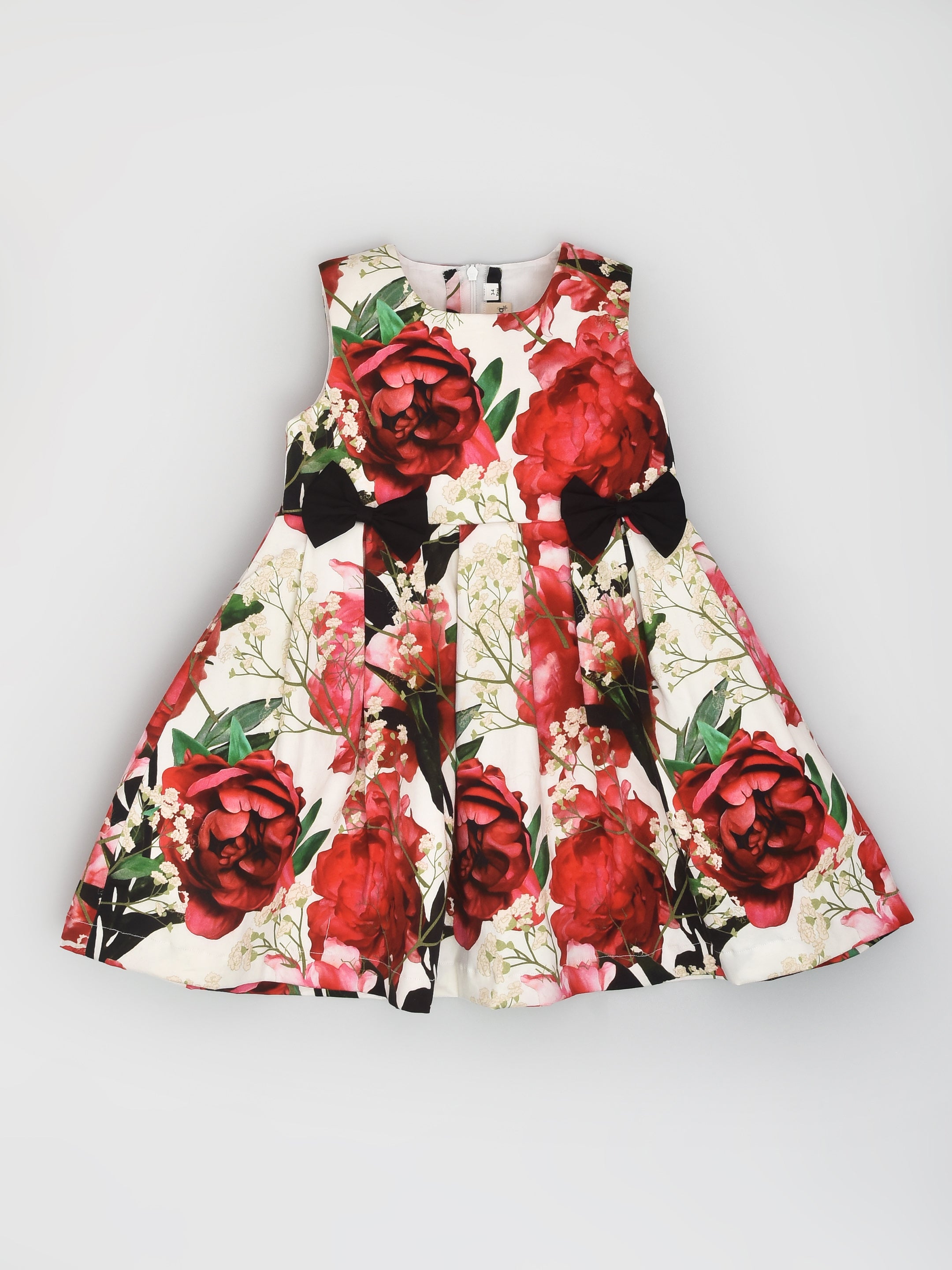 Red Floral Party Dress with Black Bow