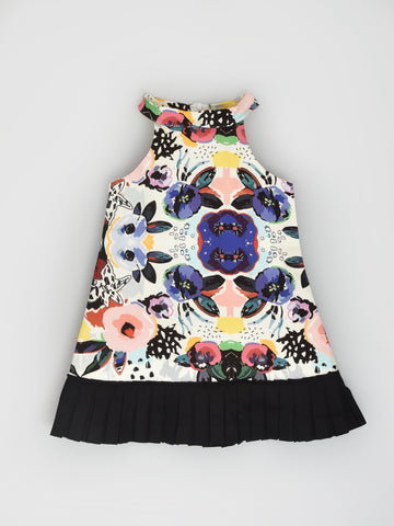 Black Pleated Abstract Floral Dress