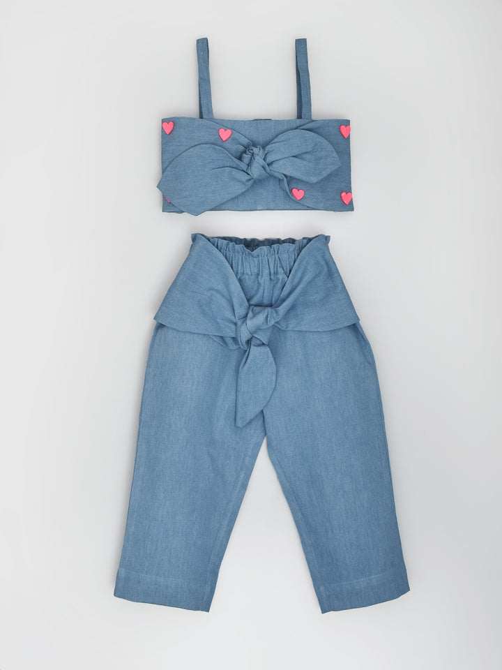 Denim Top & Pants with Pink Hearts