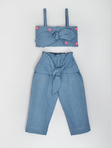 Denim Top & Pants with Pink Hearts
