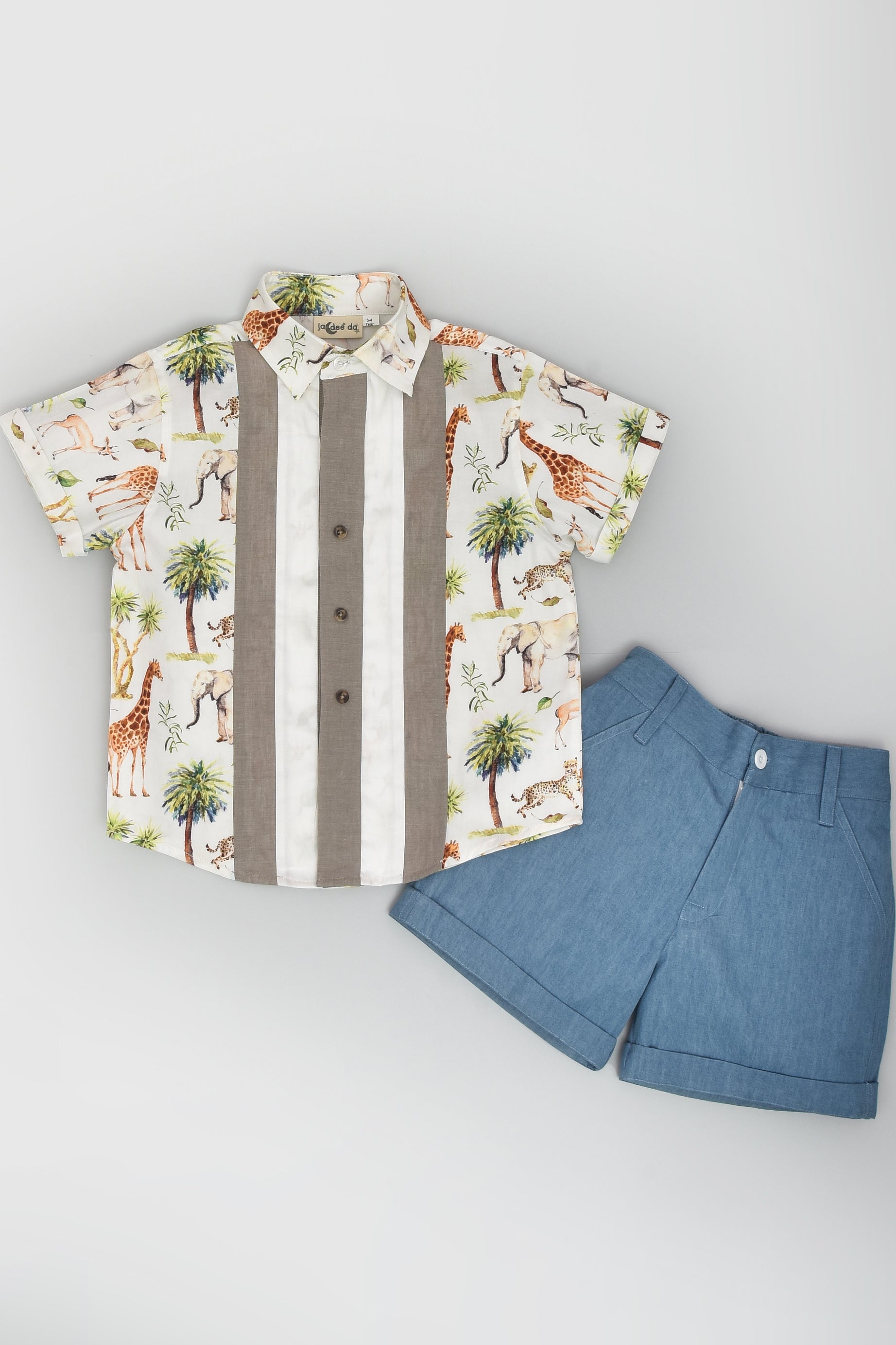 Jungle Printed Paneled Shirt With Denim Shorts