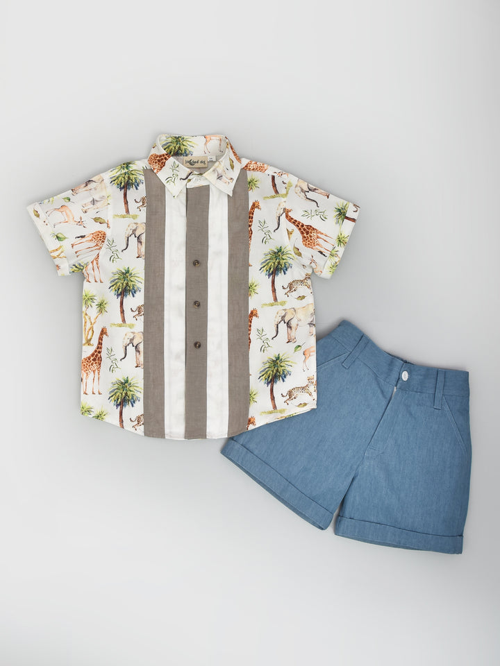Jungle Printed Paneled Shirt With Denim Shorts
