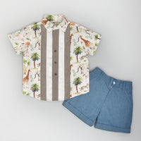 Jungle Printed Paneled Shirt With Denim Shorts