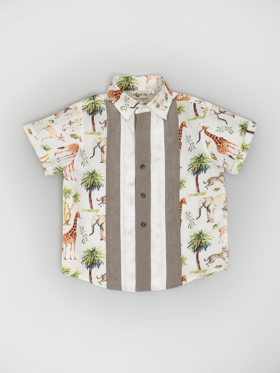 Jungle Printed Panelled Shirt with Denim Shorts Travel Set for Boys