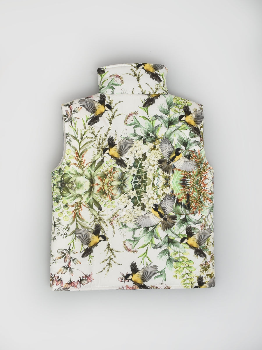 Bird Floral Print Sleeveless Quilted Jacket