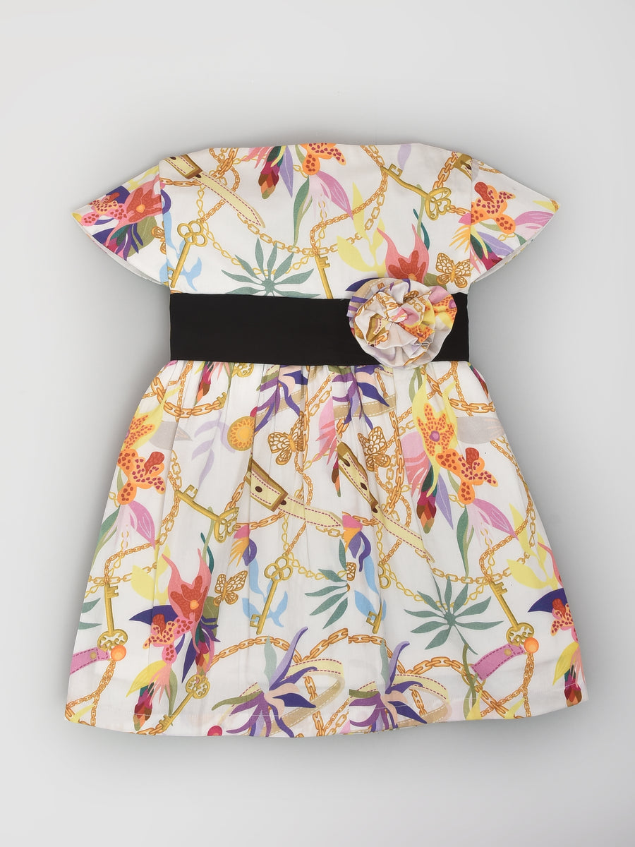 Floral and Chain Printed Dress with Flower