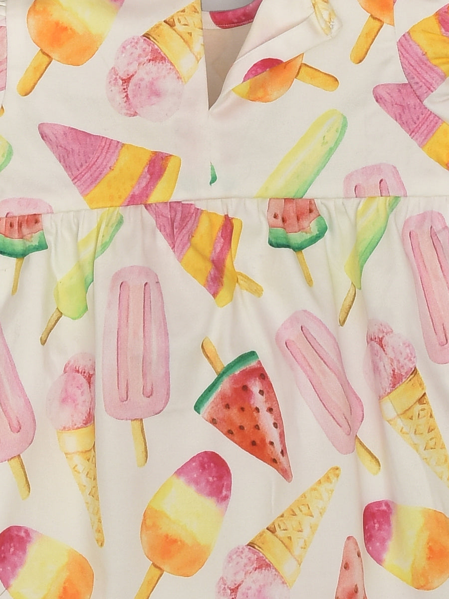Pastel Ice-cream Print Dress with Puffed Sleeves