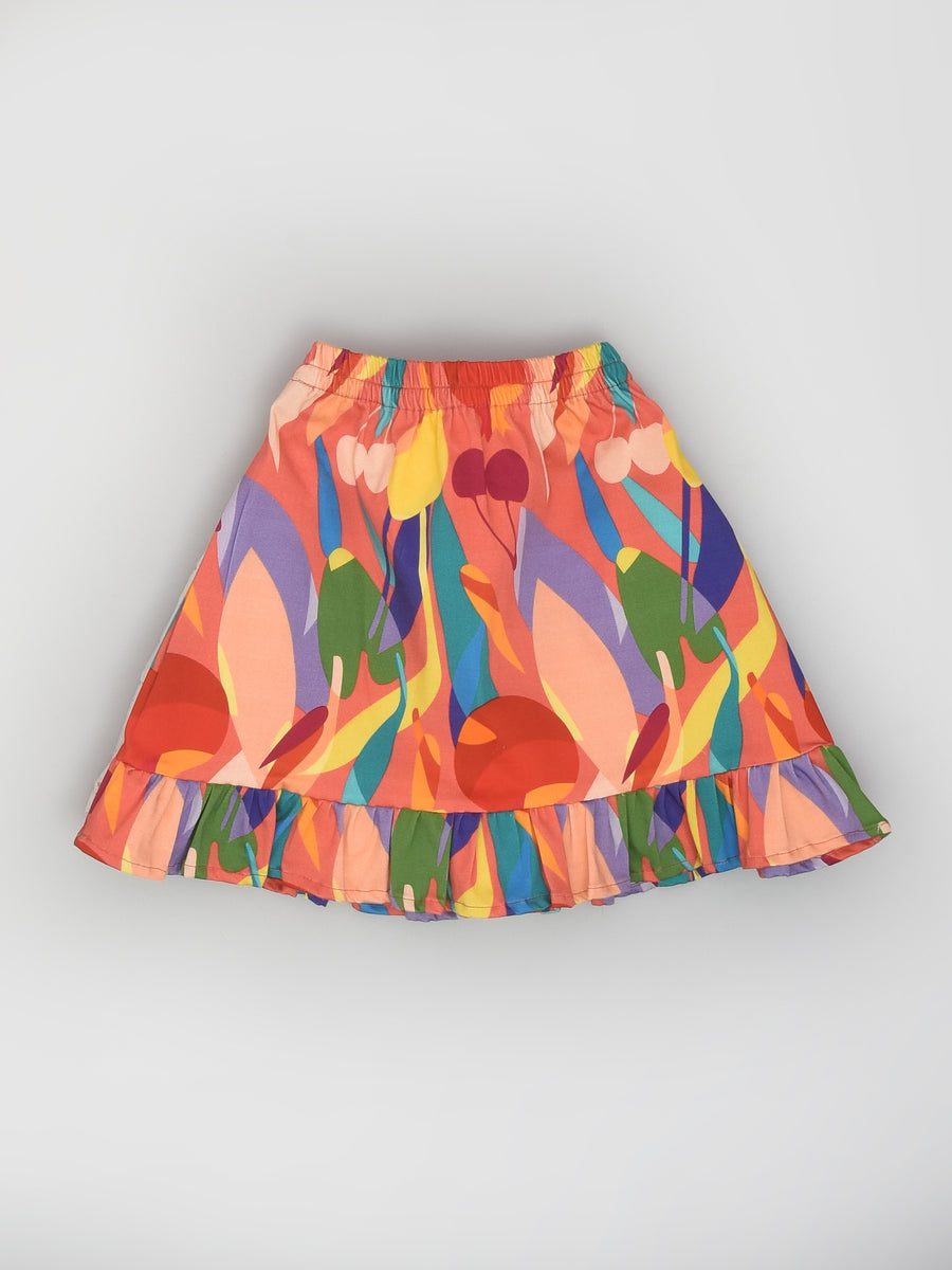Pink Abstract Print Sleeveless Top with a Bow and Skirt Party Co-ord Set for Girls