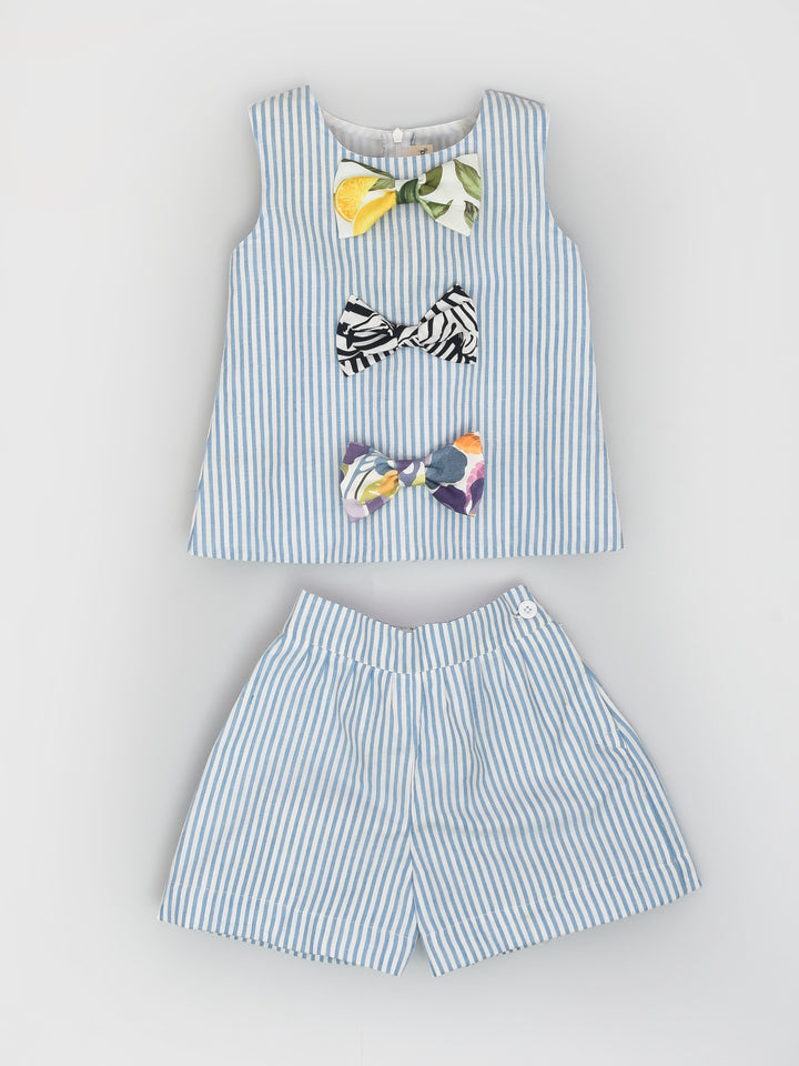 Blue Stripe Dress With 3 Bows & Shorts