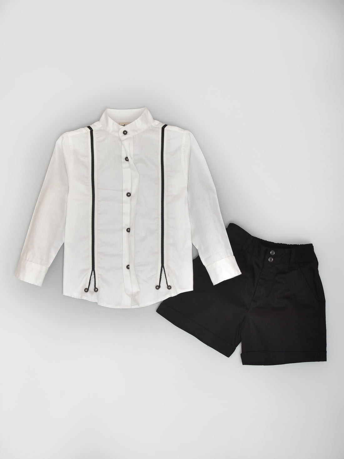 White Full Sleeve Shirt With Black Suspenders & Black Shorts Casual Set for Boys