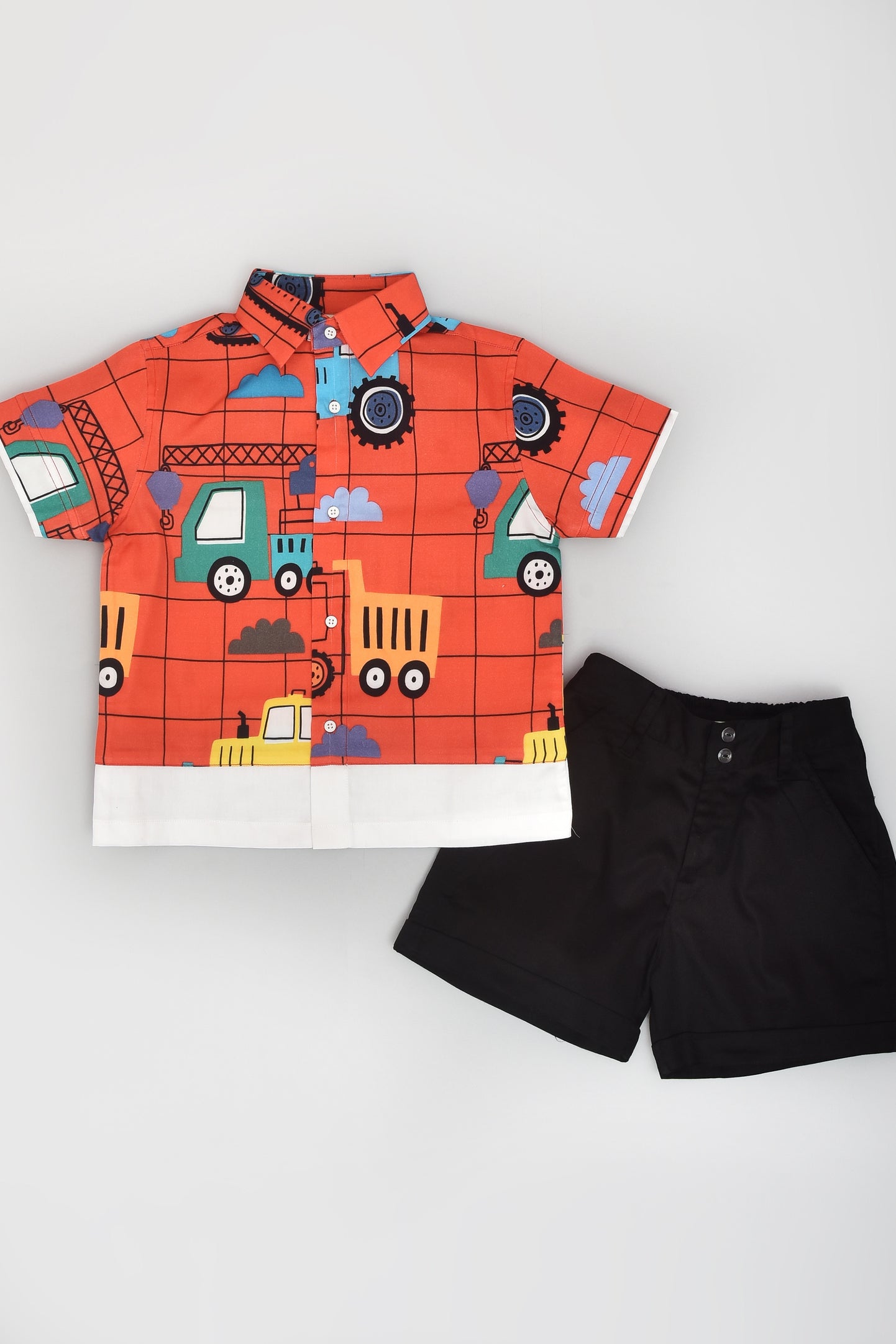 Red Tractor Shirt With Black Shorts
