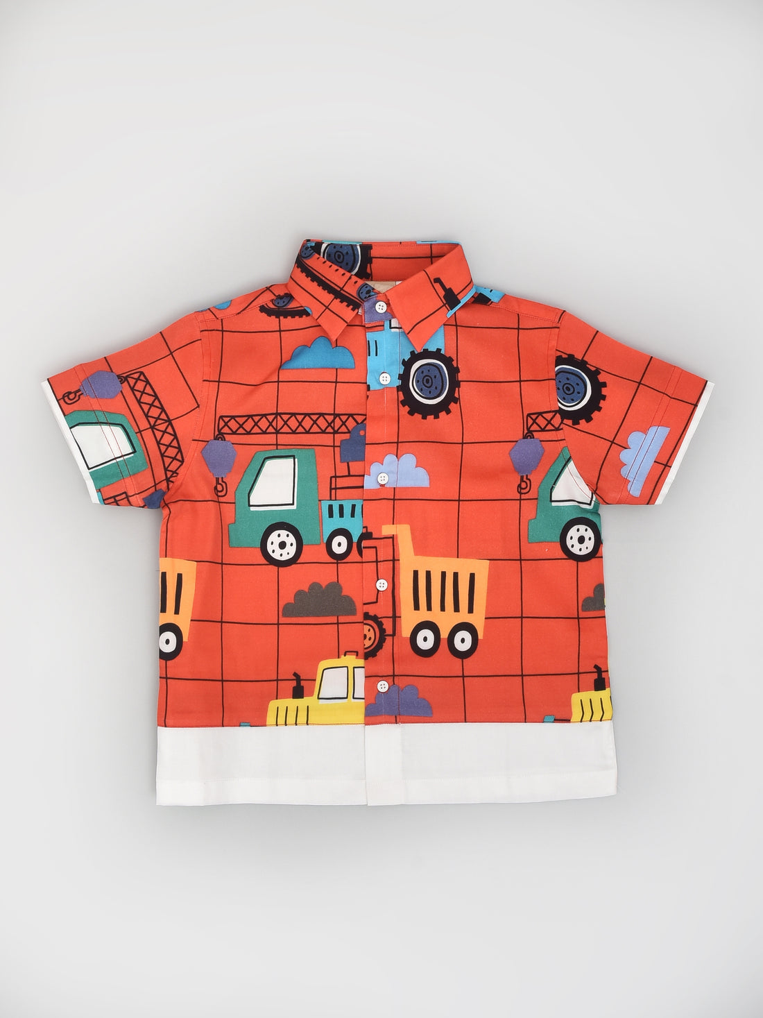 Red Tractor Printed Half Sleeve Shirt with White Panel at Bottom With Black Shorts Set for Boys