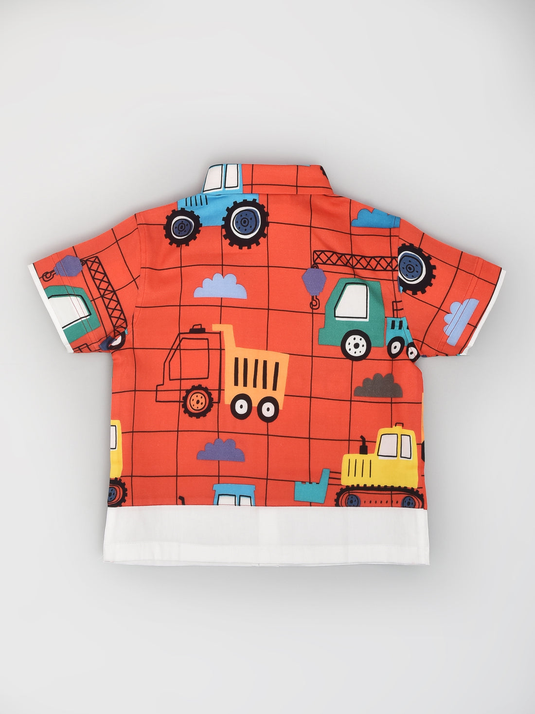 Red Tractor Printed Half Sleeve Shirt with White Panel at Bottom With Black Shorts Set for Boys