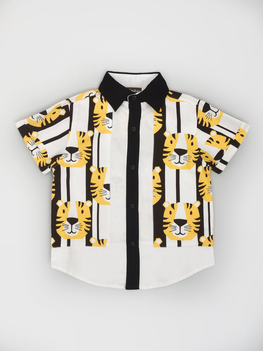 Tiger Print White Shirt and Black Shorts Casual Set for Boys
