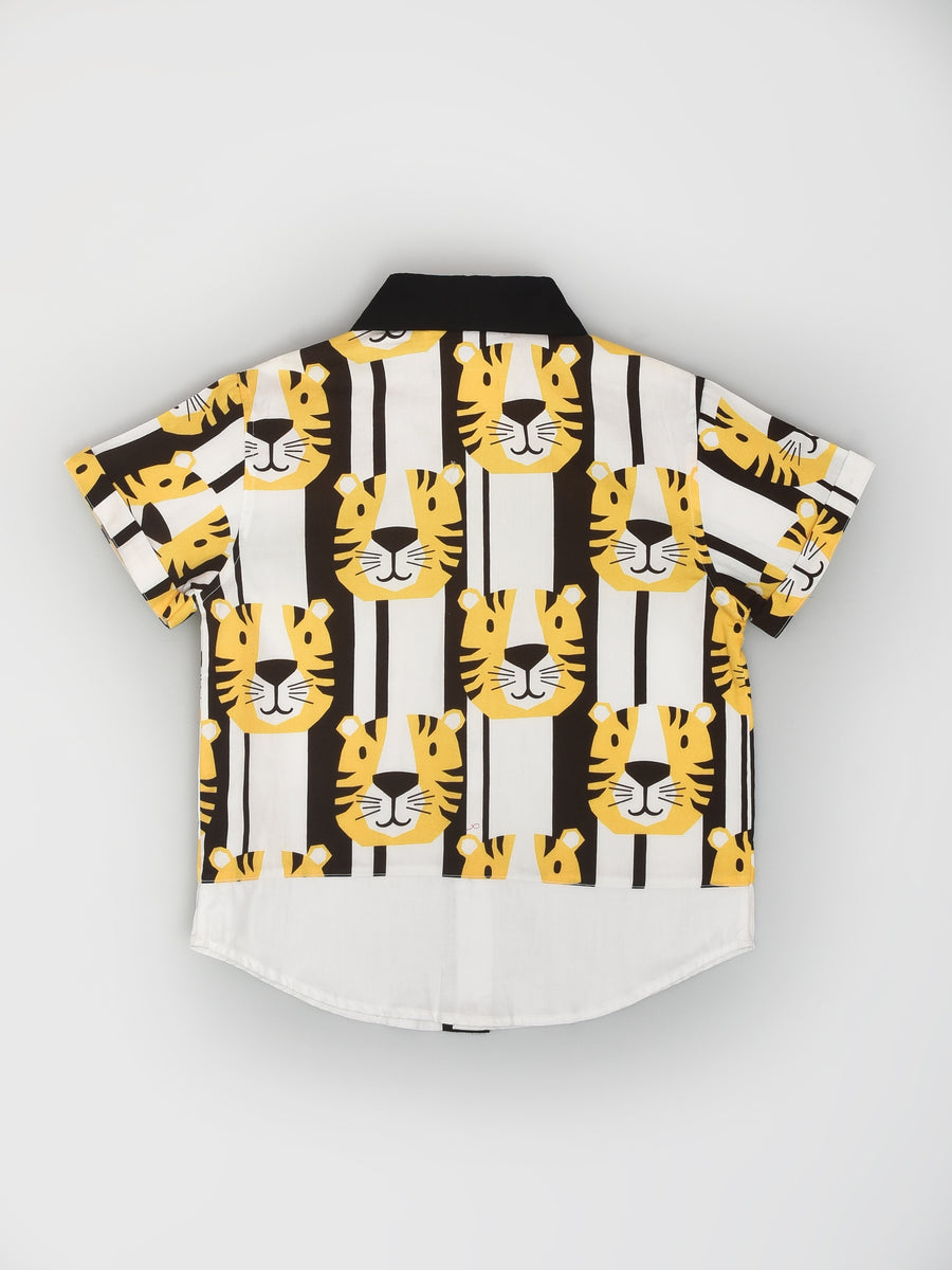 Tiger Print White Shirt and Black Shorts Casual Set for Boys