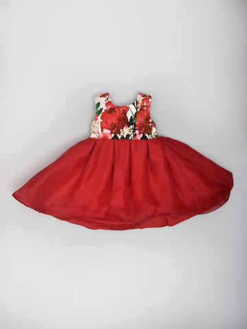 Red Floral Print and Organza Party Dress