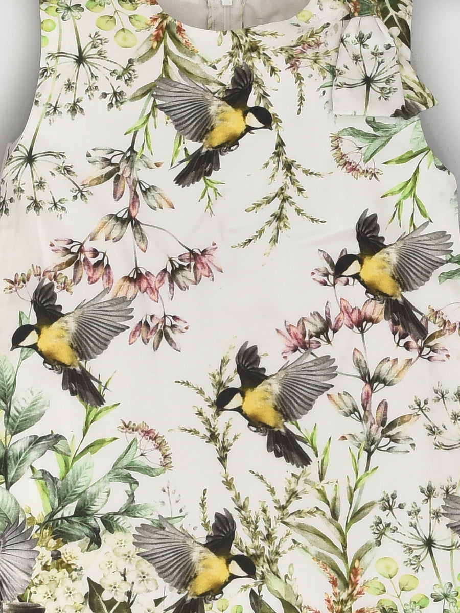 Sleeveless Party Dress in Bird Floral Print