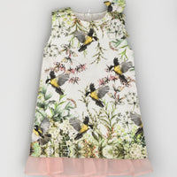 Sleeveless Party Dress in Bird Floral Print