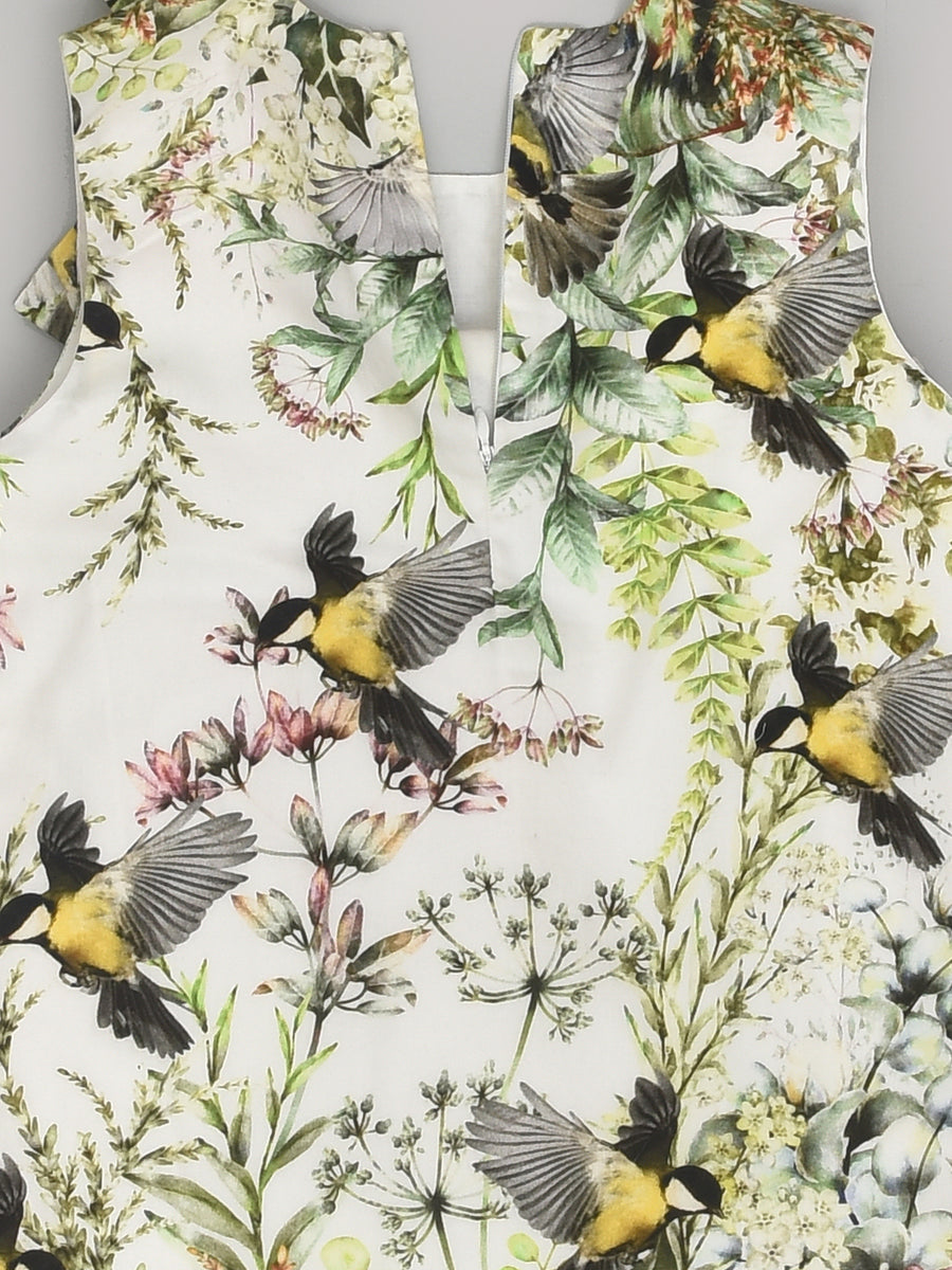 Sleeveless Party Dress in Bird Floral Print