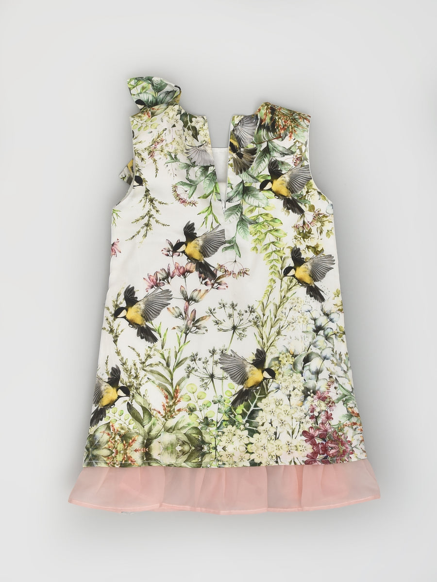 Sleeveless Party Dress in Bird Floral Print