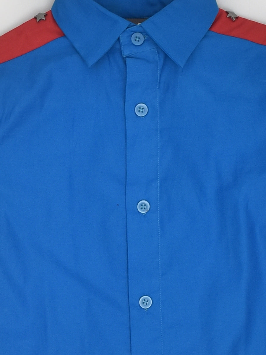 Blue Solid Full Sleeve Shirt with Red Panels and Star Embellishment
