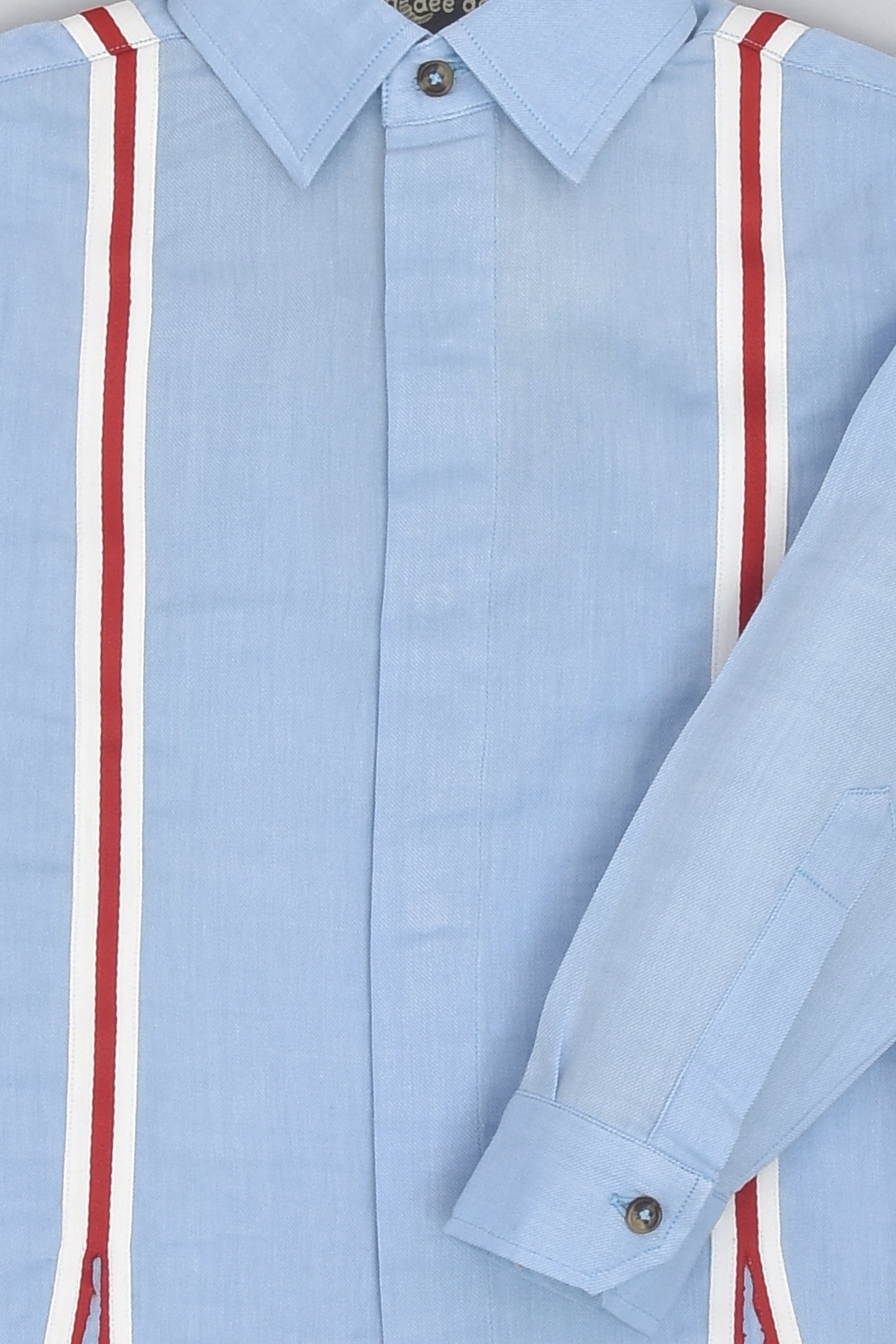 Blue Chambray Full Sleeve Formal Shirt with Red Gallas for Boys