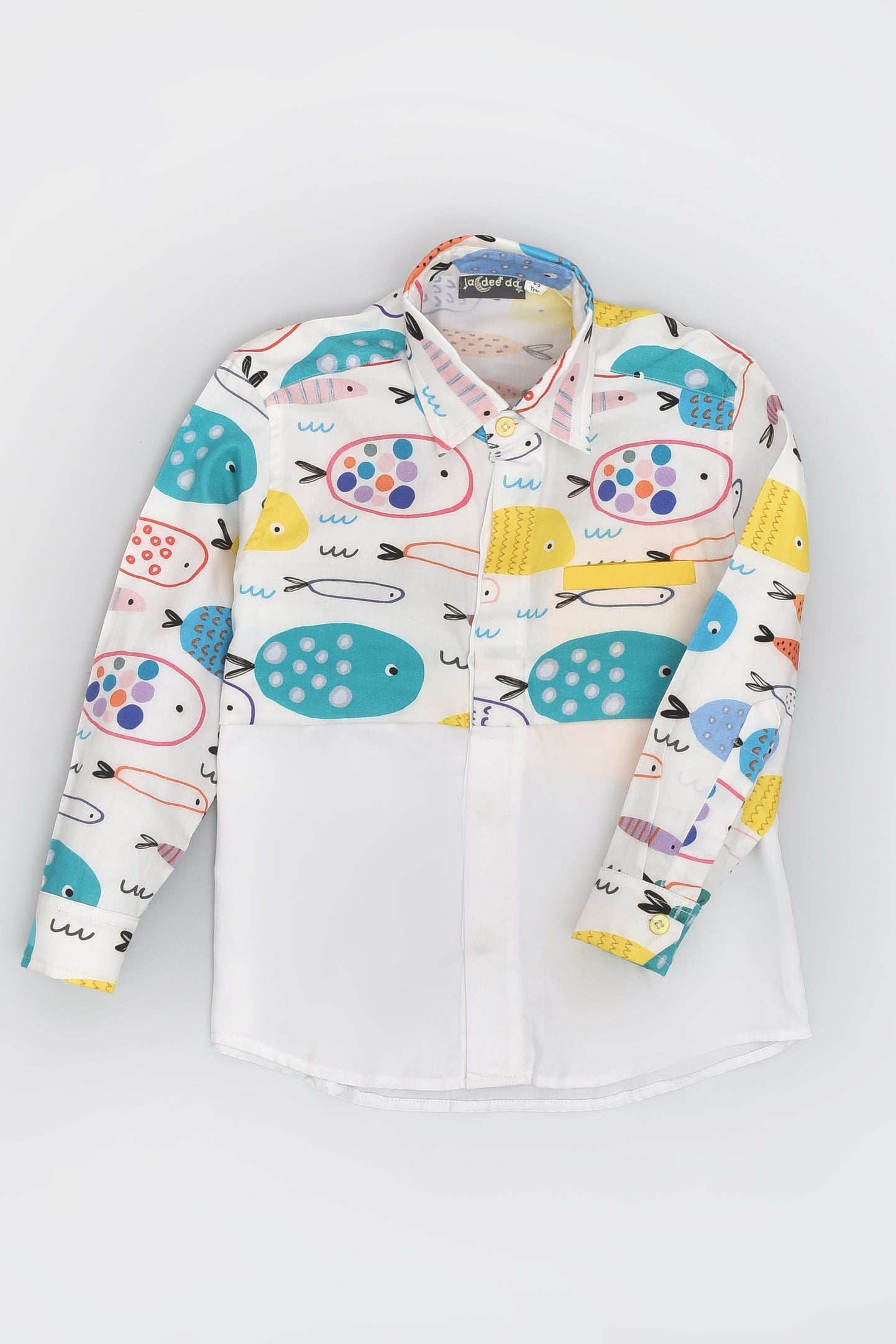Colourful Fish Printed Full Sleeve White Panelled Shirt for Boys