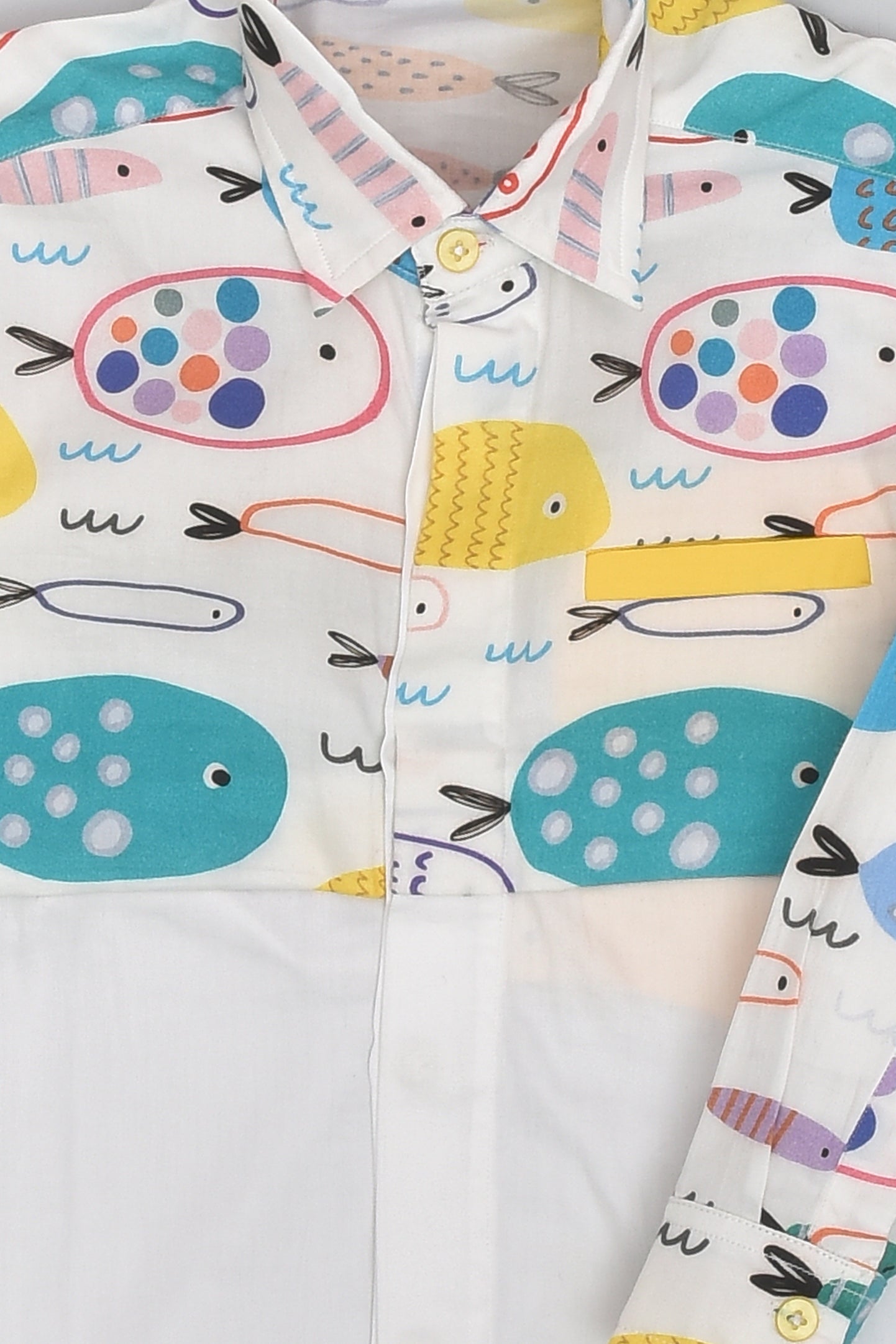 Colourful Fish Printed Full Sleeve White Panelled Shirt for Boys