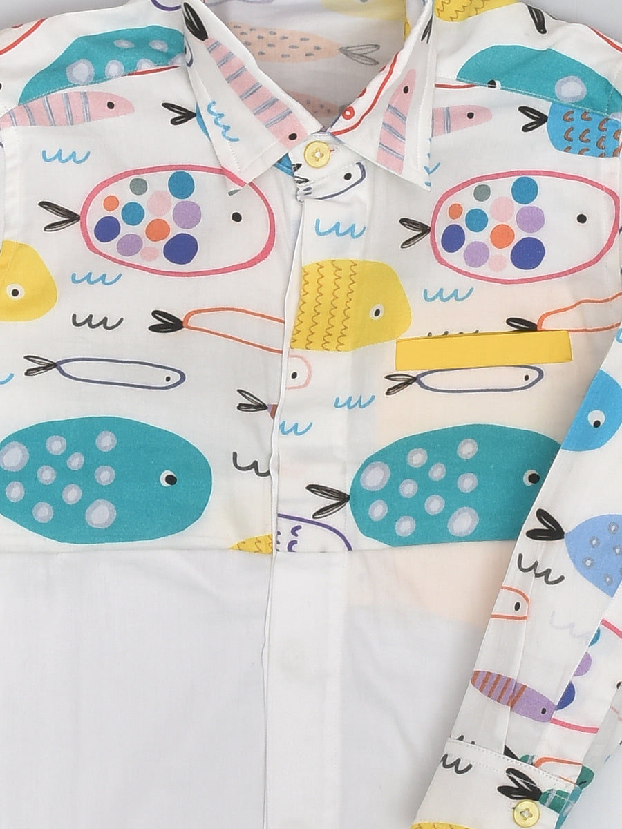 Colourful Fish Printed Full Sleeve White Panelled Shirt for Boys