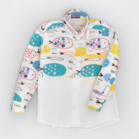 Colourful Fish Printed Full Sleeve White Panelled Shirt for Boys