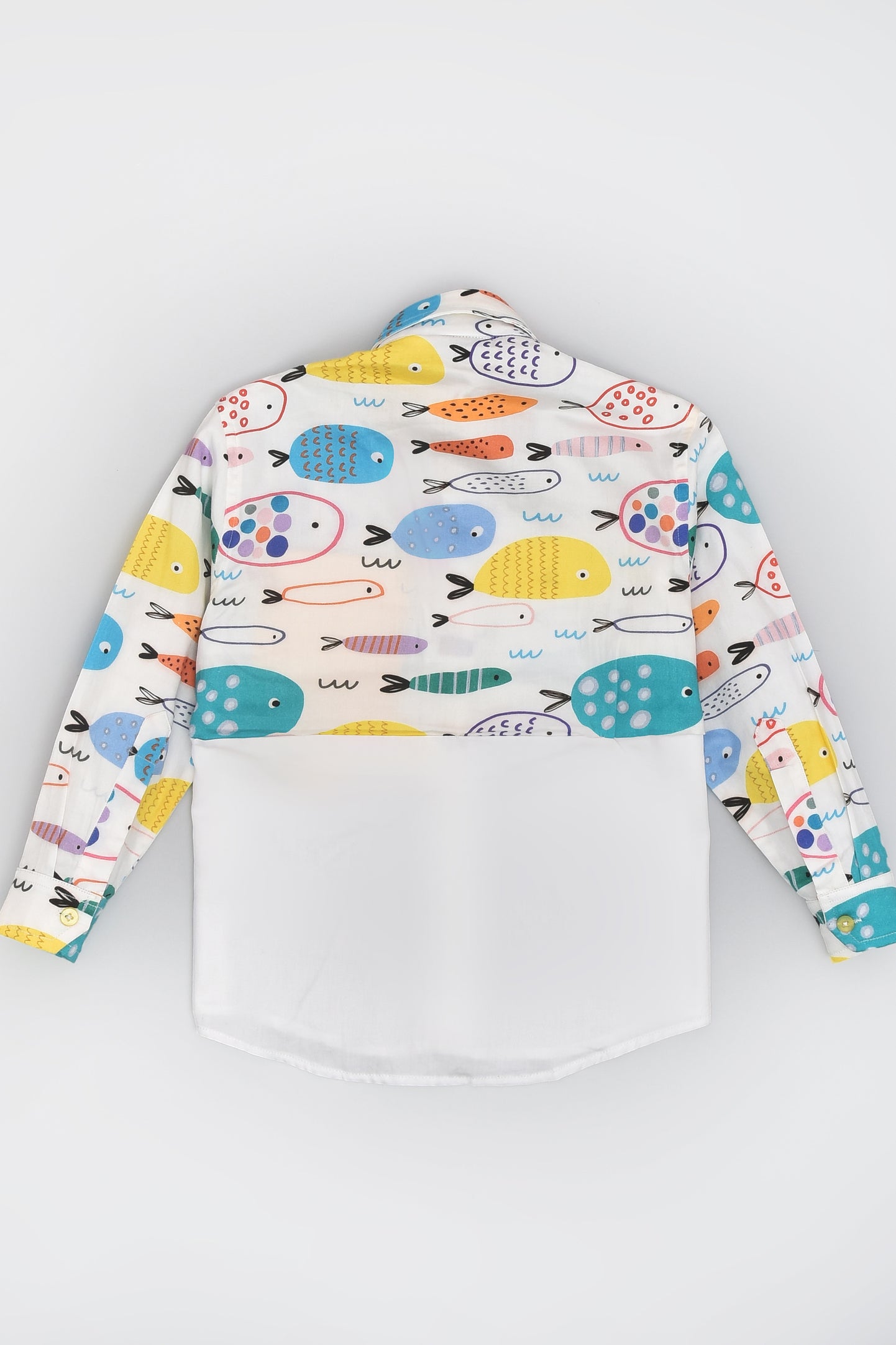 Colourful Fish Printed Full Sleeve White Panelled Shirt for Boys
