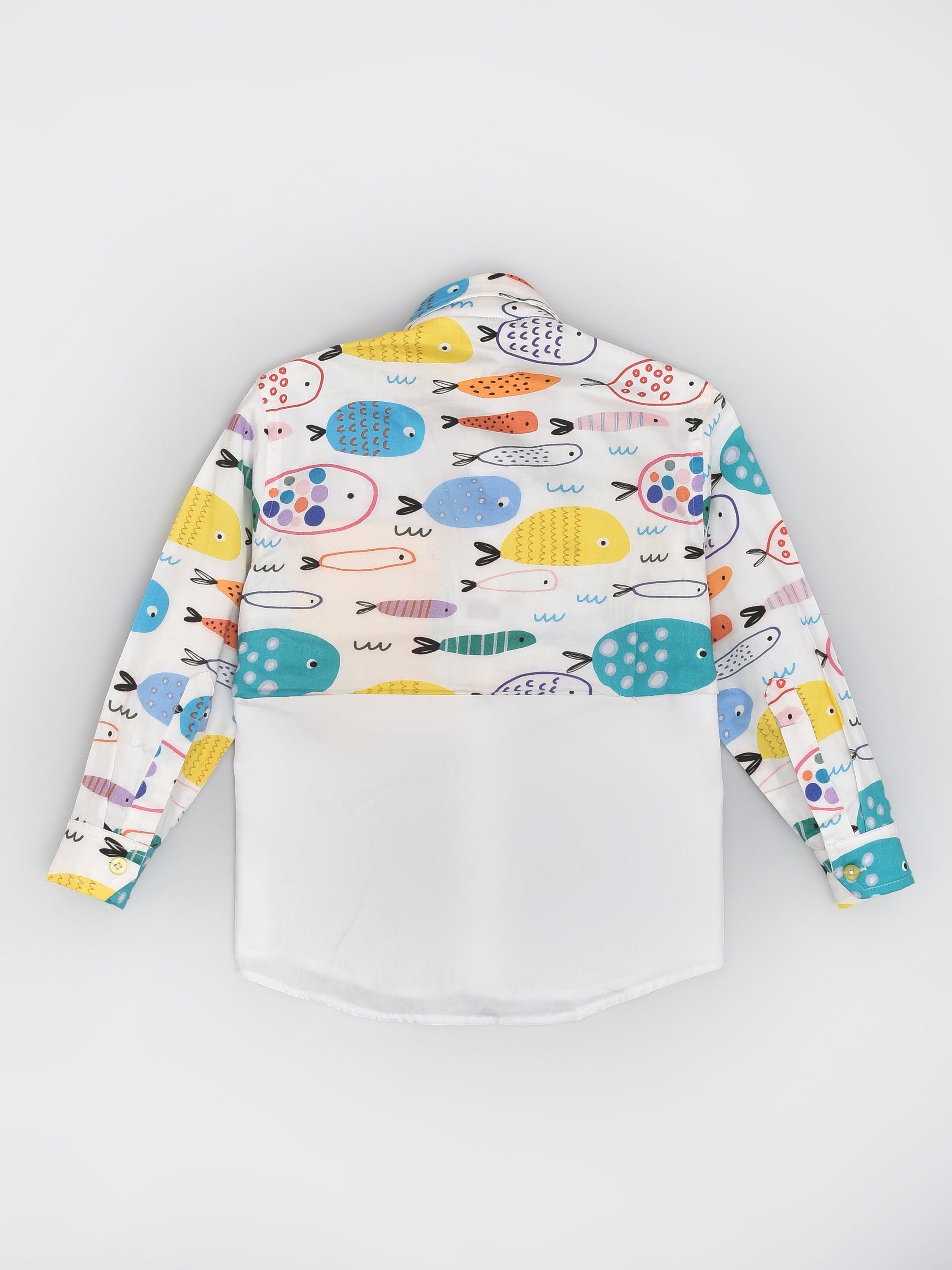 Colourful Fish Printed Full Sleeve White Panelled Shirt for Boys