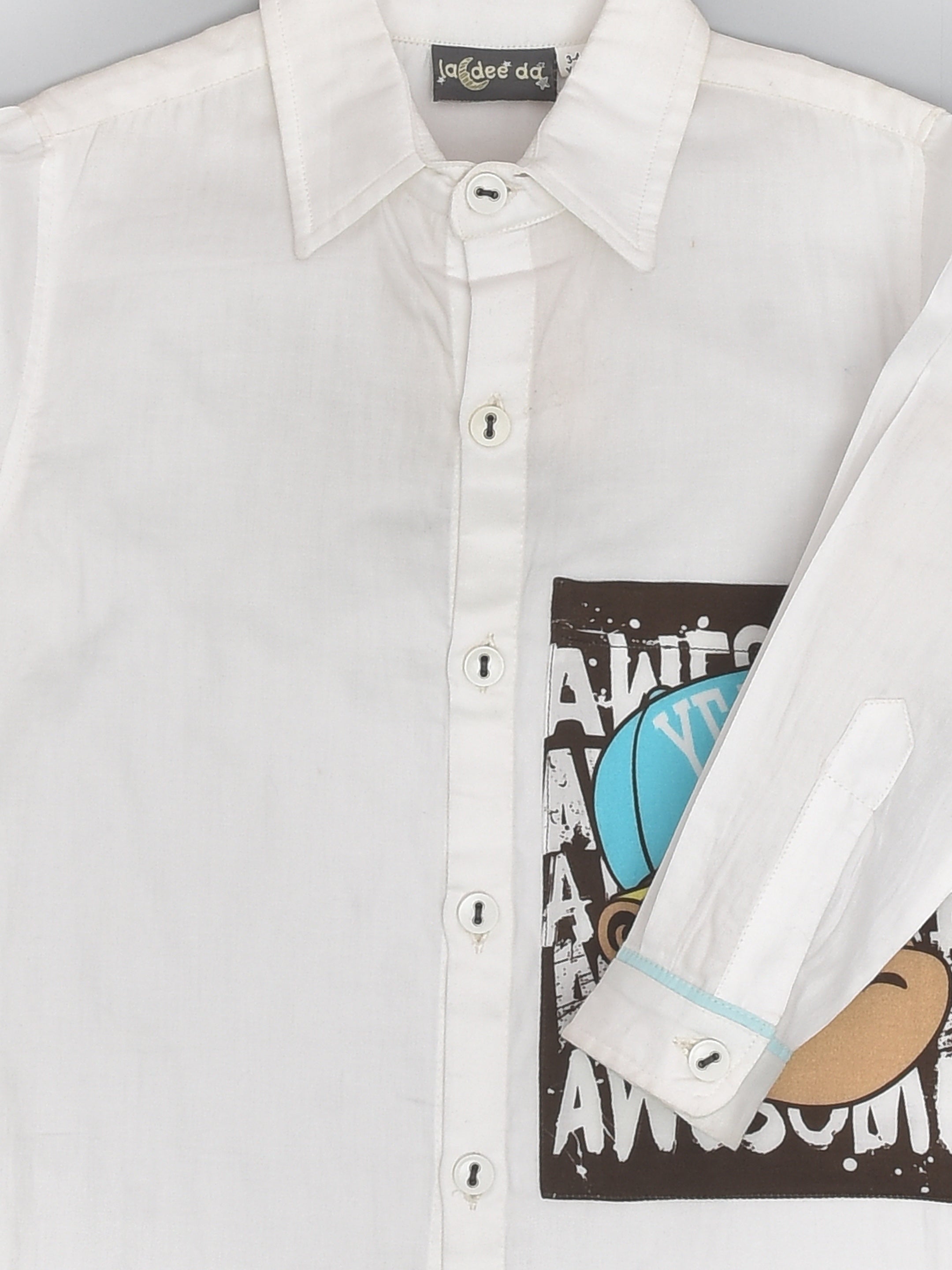 Classic White Full Sleeve Shirt in Cotton with a Monkey Pocket for Boys